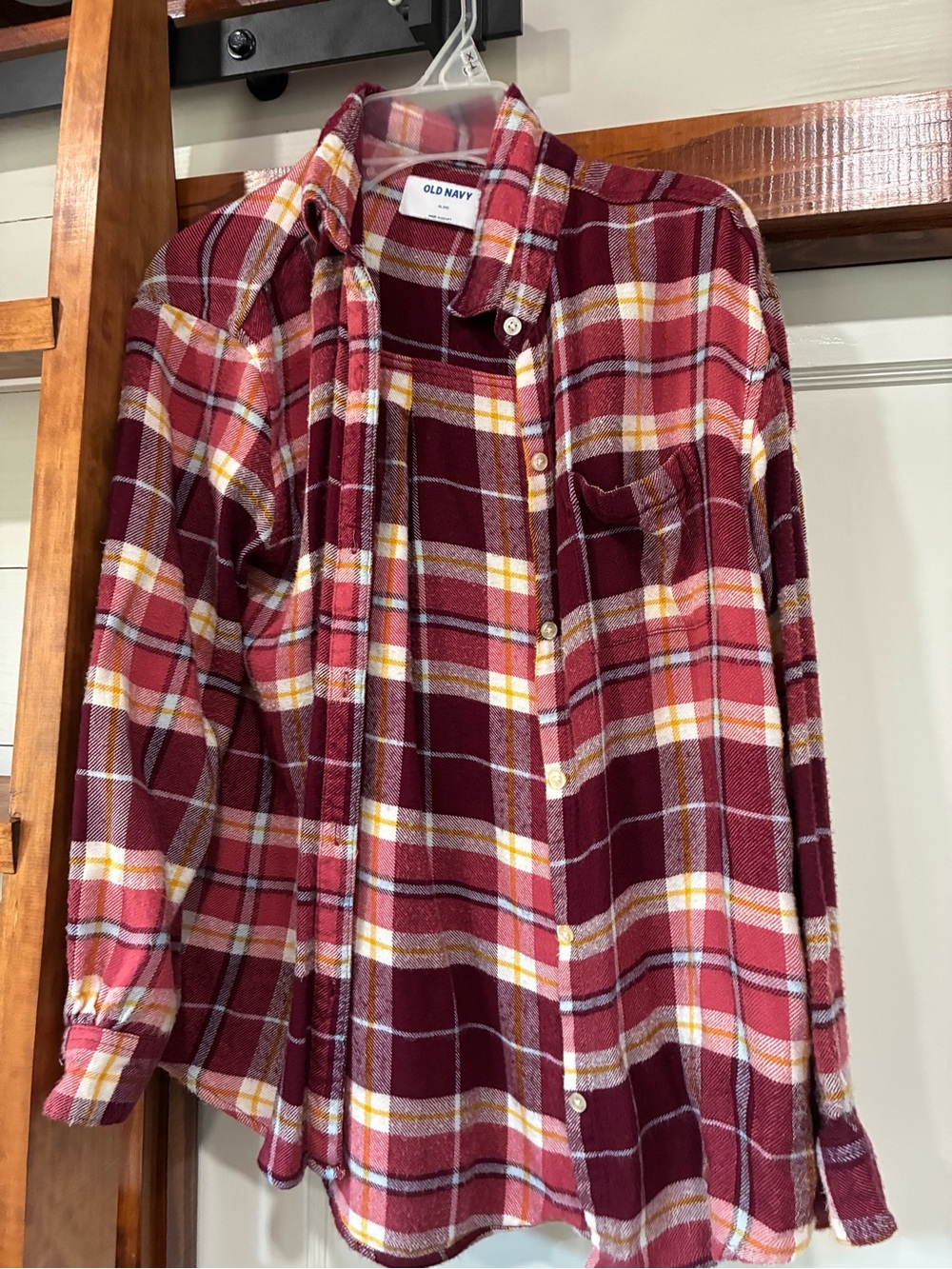 Old Navy Burgundy, Pink and Yellow Plaid Button-Down Shirt